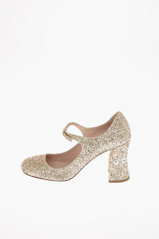 Glittered Leather Pumps with Ankle Strap and Jewel Heel 9 Cm