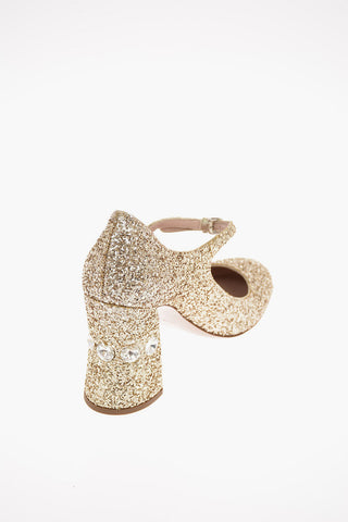 Glittered Leather Pumps with Ankle Strap and Jewel Heel 9 Cm