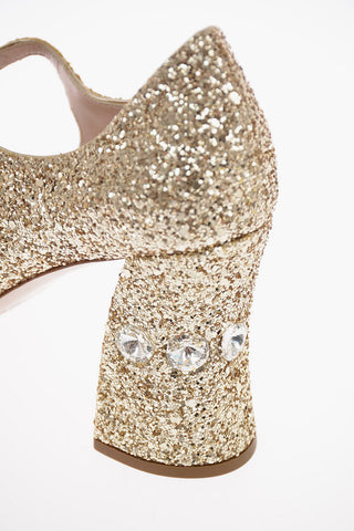 Glittered Leather Pumps with Ankle Strap and Jewel Heel 9 Cm