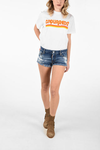 Shorts in Denim Stonewashed Distressed con Orlo Sfrangiato