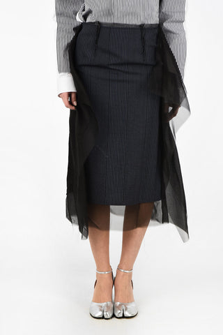 MM4 Striped Wool Longuette Skirt with Tulle Detail