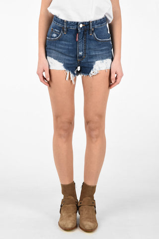 High Waist Vintage Effect Denim Shorts with Frayed Hem