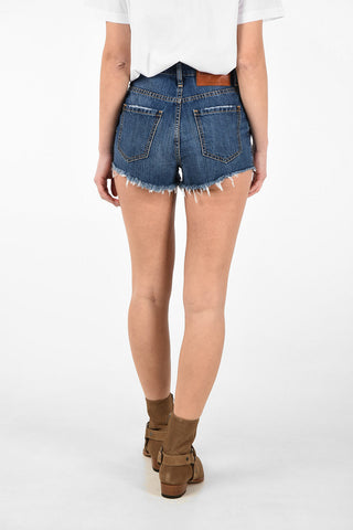 High Waist Vintage Effect Denim Shorts with Frayed Hem