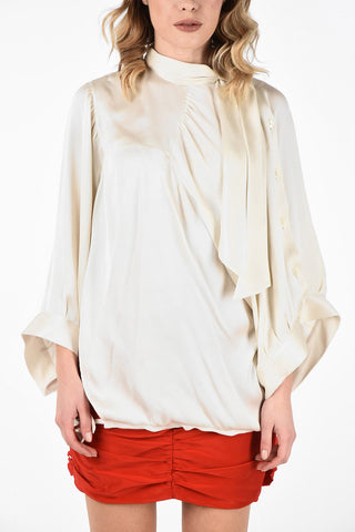 MM0 Tie Neck Ribbed silk Top With Cape Sleeve