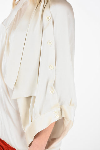 MM0 Tie Neck Ribbed silk Top With Cape Sleeve