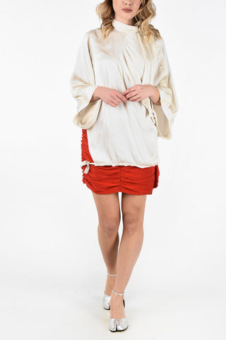 MM0 Tie Neck Ribbed silk Top With Cape Sleeve