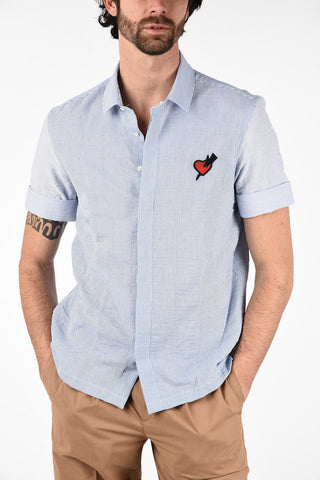 Pencil Striped Short Sleeve Loose Fit Shirt with Hidden Closure