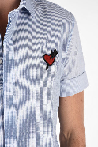 Pencil Striped Short Sleeve Loose Fit Shirt with Hidden Closure