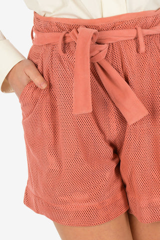 High-Waist Open Work Suede Leather Shorts with Belt