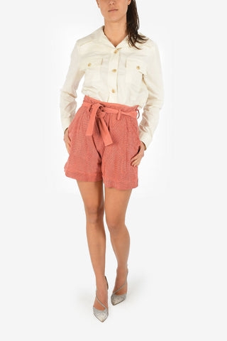 High-Waist Open Work Suede Leather Shorts with Belt