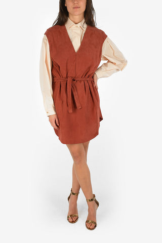 V-Neck Suede Leather Tunic Dress with Belt
