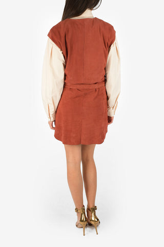 V-Neck Suede Leather Tunic Dress with Belt