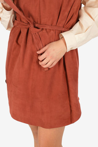 V-Neck Suede Leather Tunic Dress with Belt