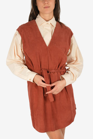 V-Neck Suede Leather Tunic Dress with Belt