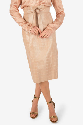 High Waist Crocodile-Print Leather Skirt with Belt 