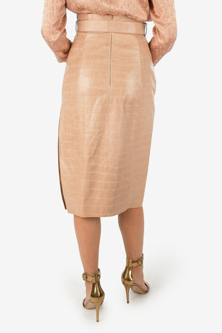 High Waist Crocodile-Print Leather Skirt with Belt 