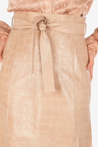 High Waist Crocodile-Print Leather Skirt with Belt 