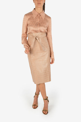 High Waist Crocodile-Print Leather Skirt with Belt 