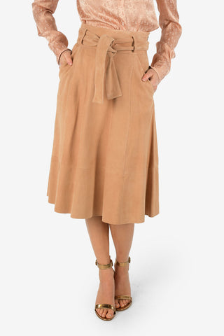 High Waist Suede Leather Flared Skirt with Belt