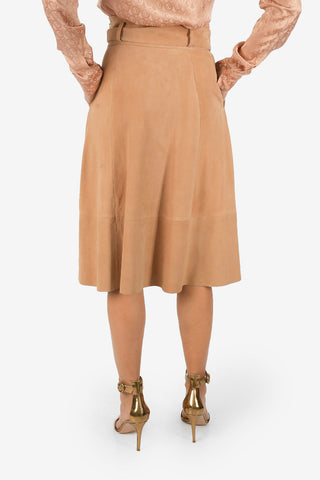 High Waist Suede Leather Flared Skirt with Belt