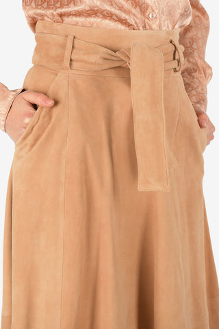 High Waist Suede Leather Flared Skirt with Belt