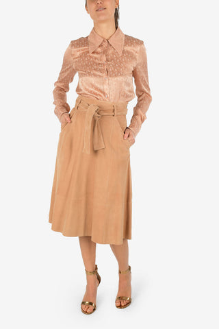 High Waist Suede Leather Flared Skirt with Belt