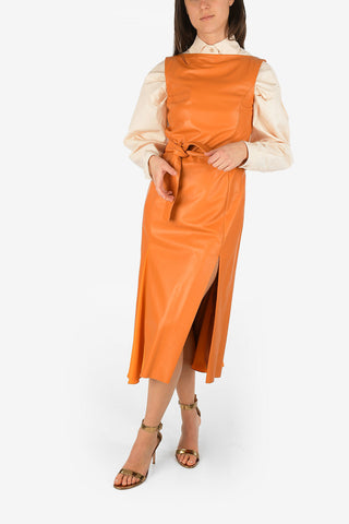 v-shape backline split-side hem leather maxi dress