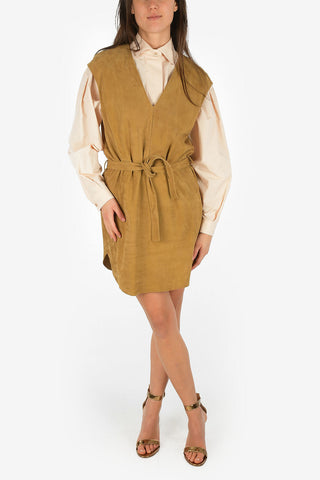 V-Neck Suede Leather Tunic Dress with Belt