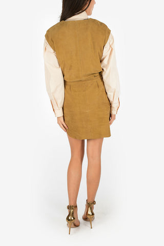 V-Neck Suede Leather Tunic Dress with Belt