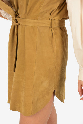 V-Neck Suede Leather Tunic Dress with Belt