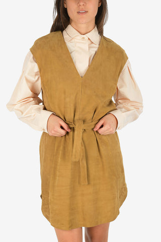 V-Neck Suede Leather Tunic Dress with Belt