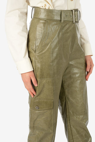 High Waist Leather Cargo Pants with Belt