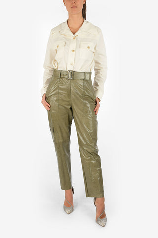 Pantalone Cargo in Pelle a Vita Alta con Cintura