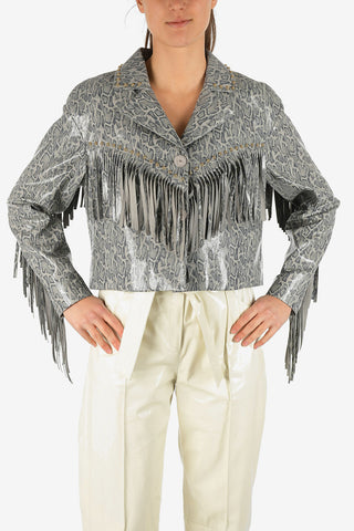 snake-print leather Jacket with Fringed and Studs