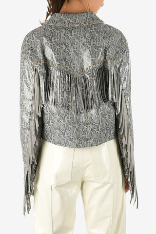 snake-print leather Jacket with Fringed and Studs