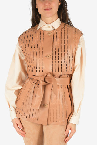Sleeveless Leather Open Work Jacket with Belt