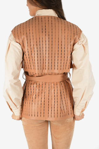 Sleeveless Leather Open Work Jacket with Belt