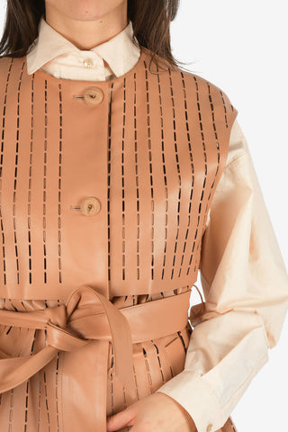 Sleeveless Leather Open Work Jacket with Belt