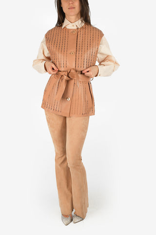Sleeveless Leather Open Work Jacket with Belt