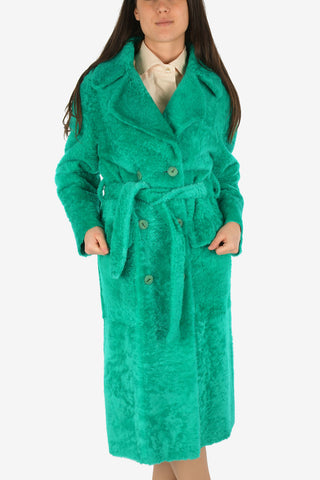 Center Split Double Breasted Shearling Jacket with Belt