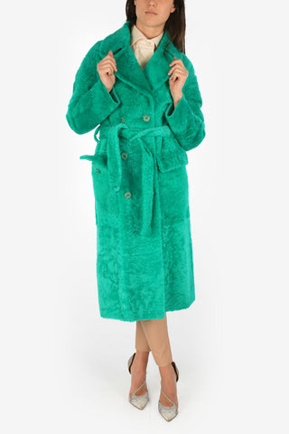 Center Split Double Breasted Shearling Jacket with Belt