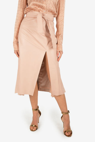 Split-Front Hem High Waist Leather Skirt with Belt