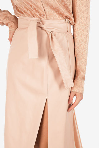 Split-Front Hem High Waist Leather Skirt with Belt