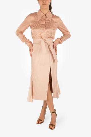 Split-Front Hem High Waist Leather Skirt with Belt