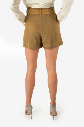 High Waist Open Work Suede Leather Shorts With Belt