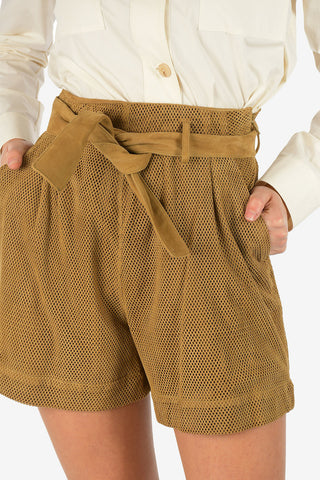 High Waist Open Work Suede Leather Shorts With Belt