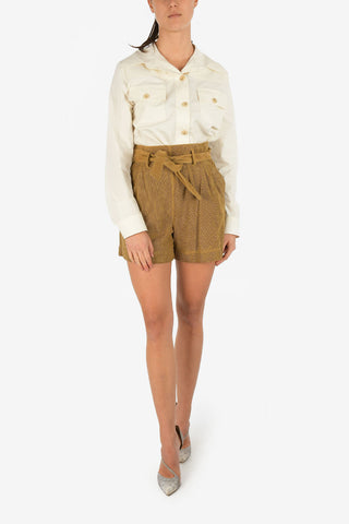 High Waist Open Work Suede Leather Shorts With Belt