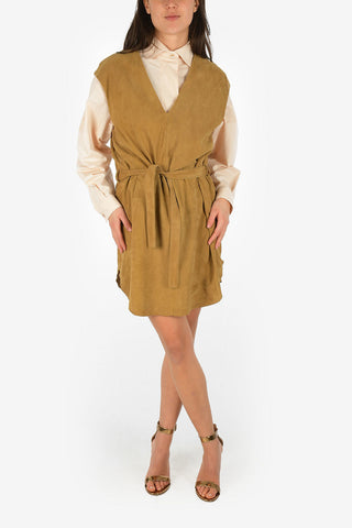 V-Neck Suede Leather Tunic Dress with Belt