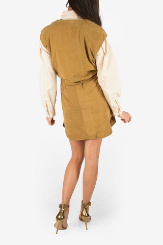 V-Neck Suede Leather Tunic Dress with Belt