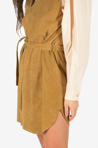 V-Neck Suede Leather Tunic Dress with Belt